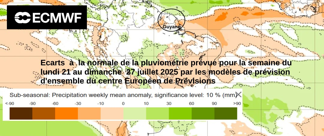 Ecarts  à  la normale de la pluviométrie prévue pour la semaine du 21 au 28 juillet (source ECMWF)