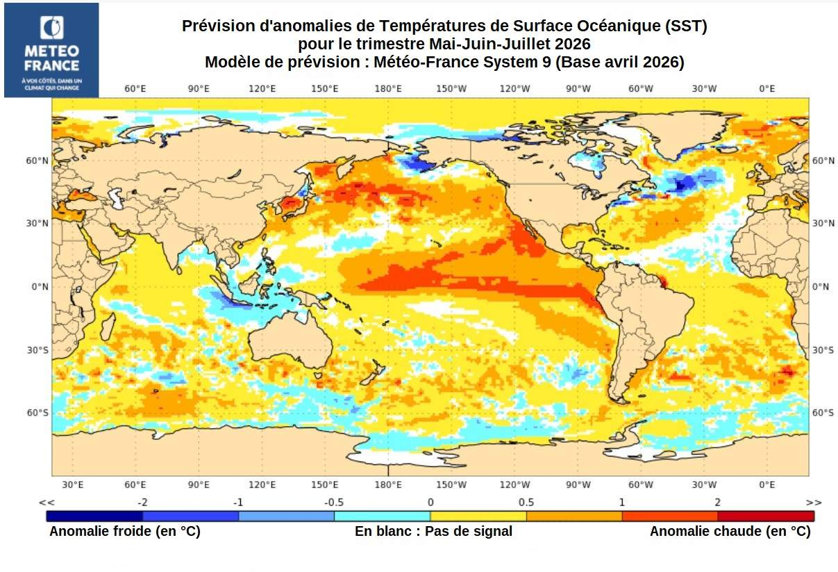 Carte de prévision d'anomalies de SST pour le trimestre MJJ 2026