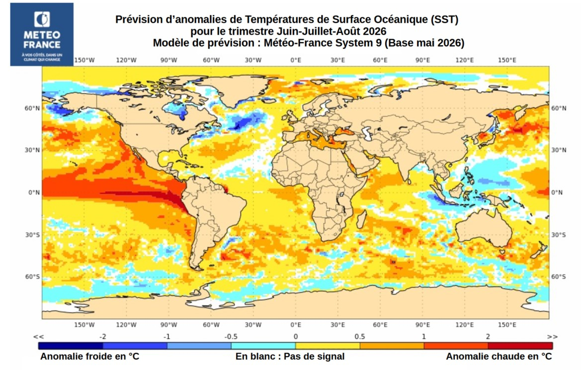 Carte de prévision d'anomalies de SST pour le trimestre JJA 2026