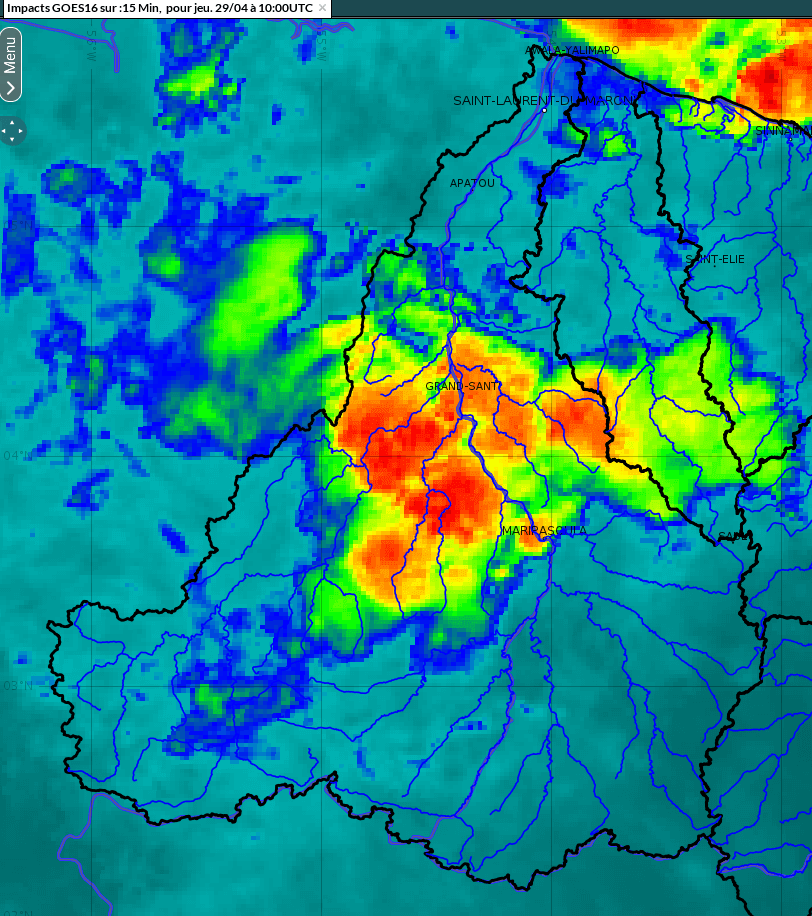 Importants cumuls de pluie entre maripa-Soula et grand Santi dans la nuit du 28 au 29 avril . Ces fortes pluies ont provoqué la crue des criques entre Maripa-Soula et Papaïchton.