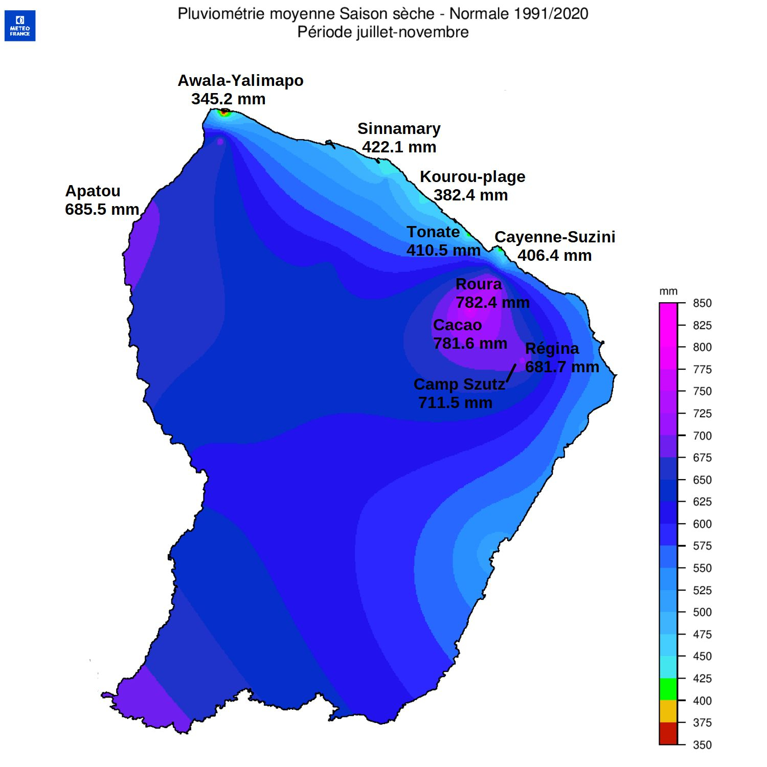 Carte pluviométrie moyenne - Saison sèche
