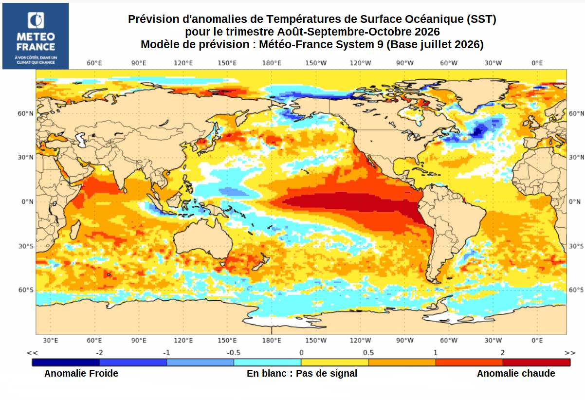 Carte de prévision d'anomalies de SST pour le trimestre ASO 2026