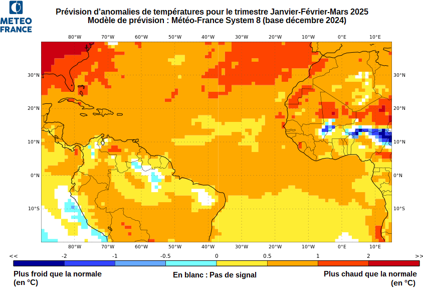 Carte d'anomalies de Températures - Trimestre JFM 2025