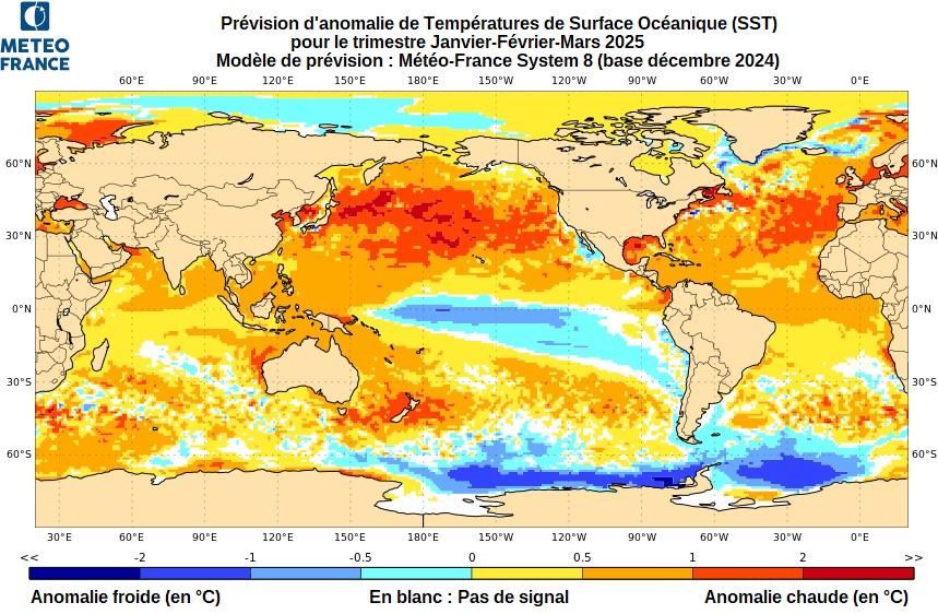 Carte d'anomalies de SST trimestre Janv-Févr-Mars 2025