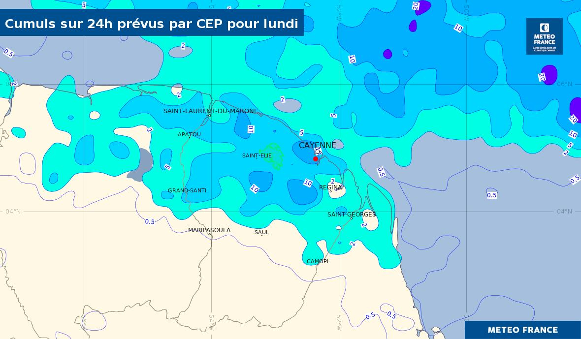 Cumuls prévus sur 24h par le modèle CEP lundi 20 octobre