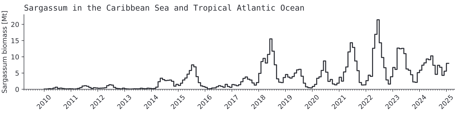 Evolution mensuelle de la biomasse des sargasses depuis 2010