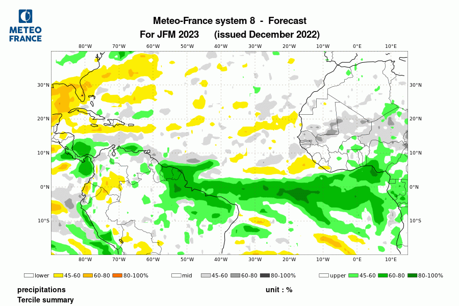Prévisions d'anomalies de pluies pour janvier - février - mars 2023