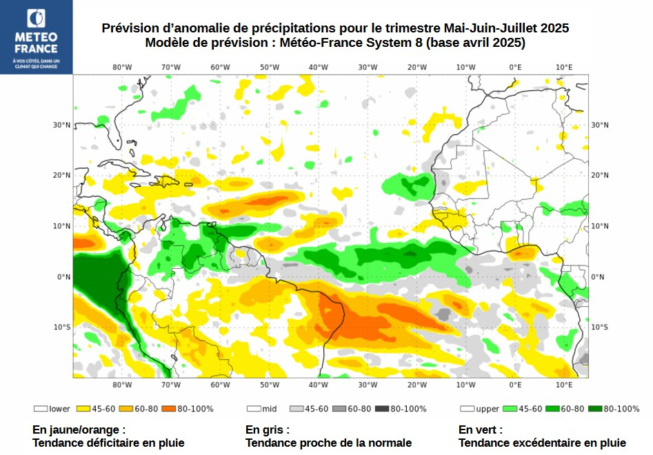 Prévisions d'anomalies de précipitations - Trimestre MJJ 2025