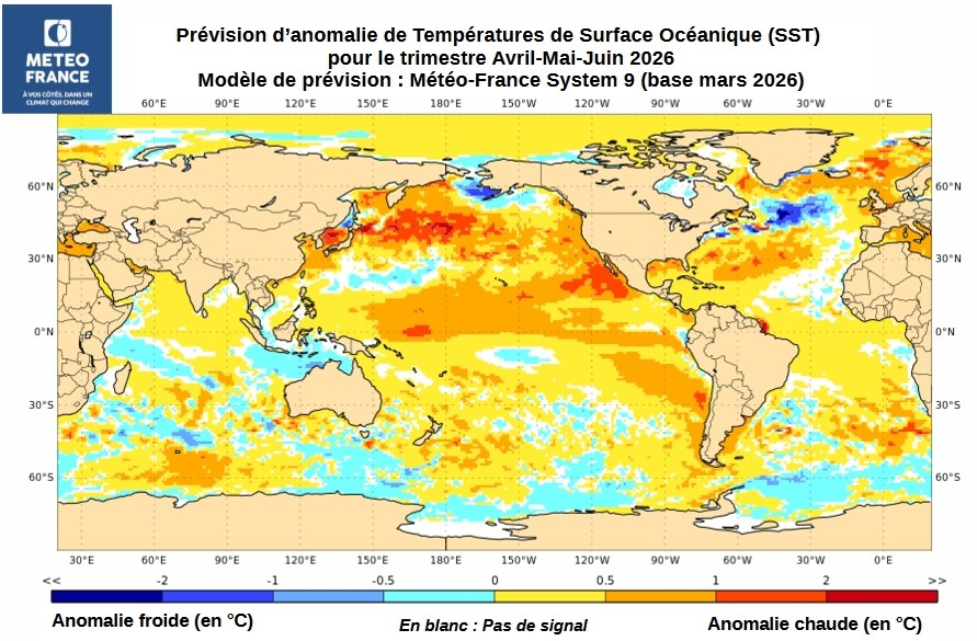 Carte de prévision d'anomalies de SST pour le trimestre AMJ 2026