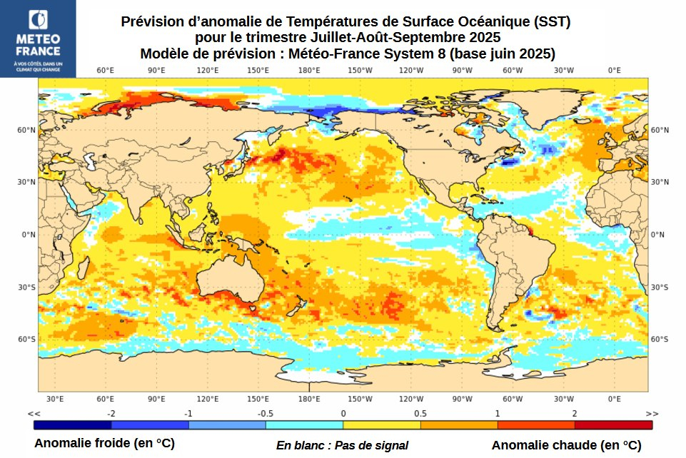 Carte de prévision d'anomalies de SST pour le trimestre Juillet-Août-Septembre 2025