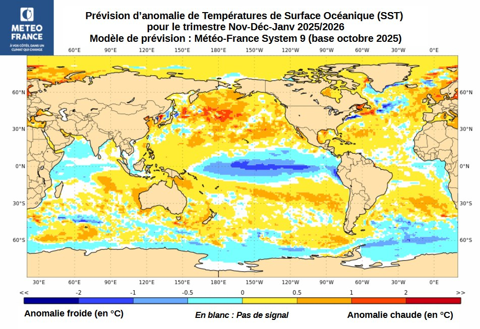 Carte de prévision d'anomalies de SST pour le trimestre NDJ 2025/2026