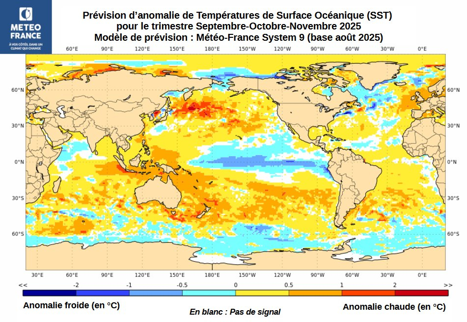 Carte de prévision d'anomalies de SST pour le trimestre SON 2025
