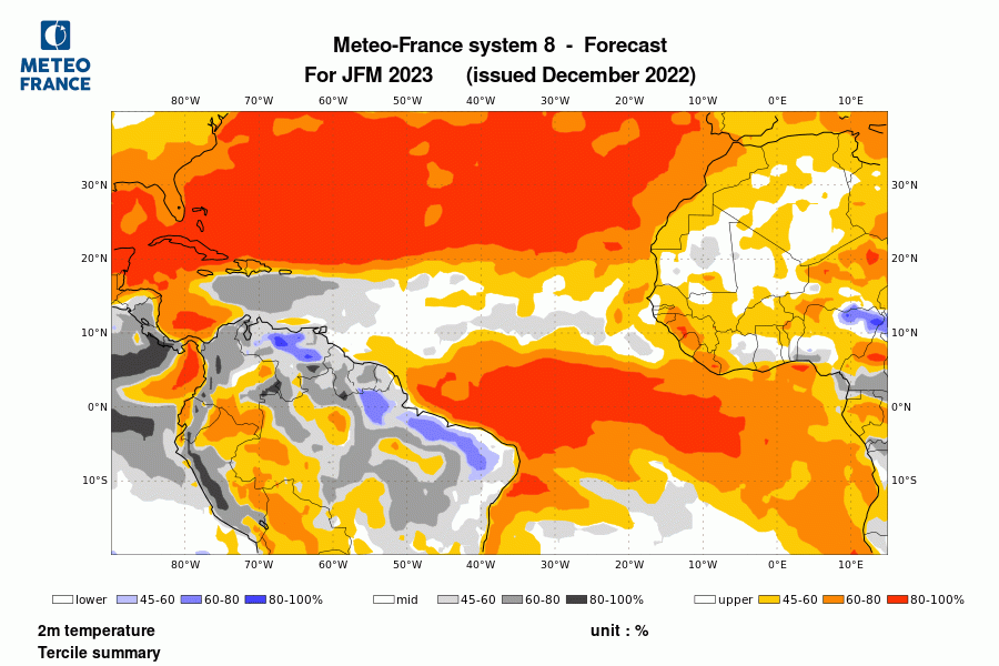 Prévisions d'anomalies de températures pour janvier - février - mars 2023