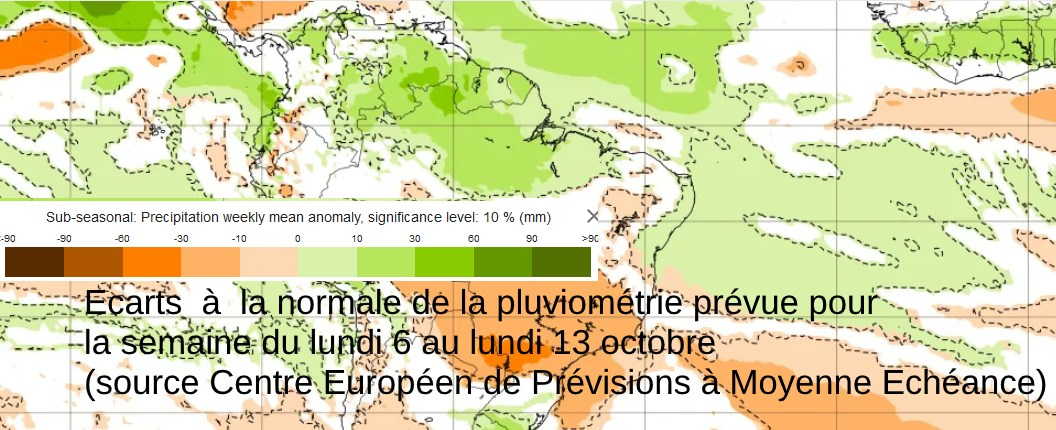 Ecarts à la normale de la pluviométrie prévue entre le 6 et le 13 octobre (source: Centre Européen de Prévisions)