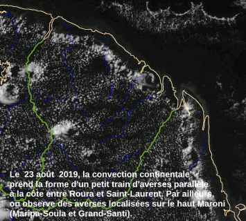 Convection continentale sous sa classique forme du petit train d'averses sur le proche intérieur