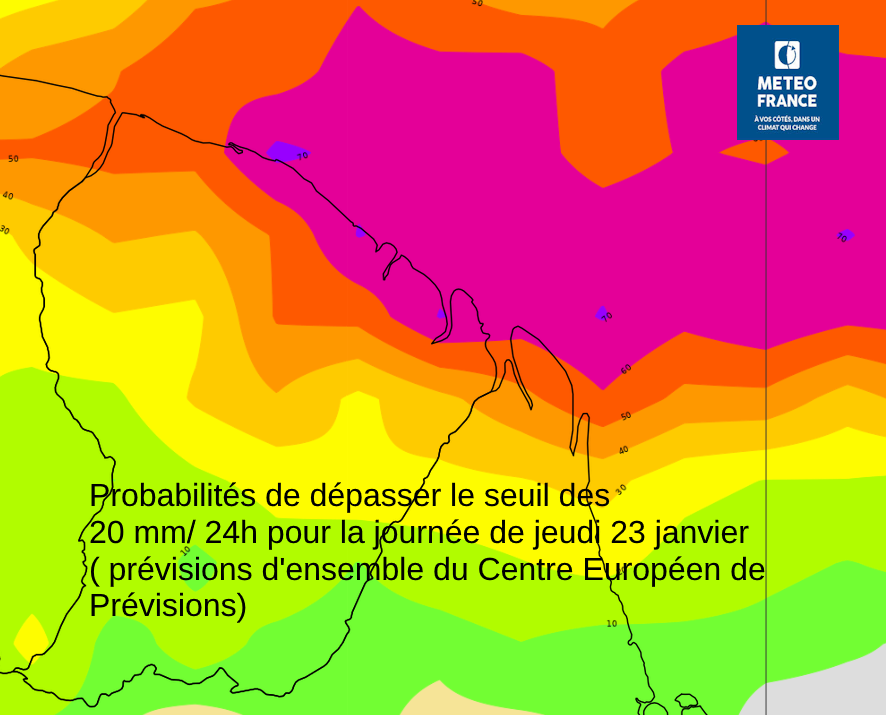 Probabilités de dépasser le seuil des  20mm en  24 heures pour la journée de jeudi 23 janvier
