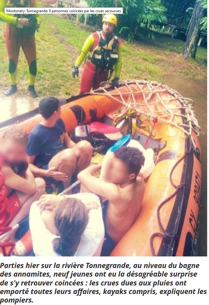 Kayakistes secourus par les  pompiers et la sécurité cvile le  7 février sur la rivière Tonnegrande