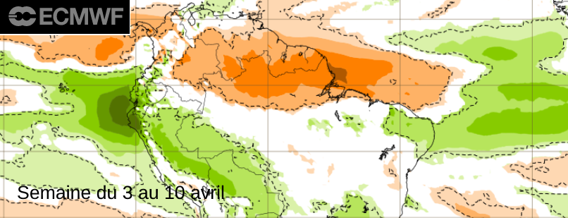 Ecart  à  la normale des précipitations prévues pour la semaine du 3 au 10 avril ( Centre Européen de Prévisions  à  moyenne échéance)