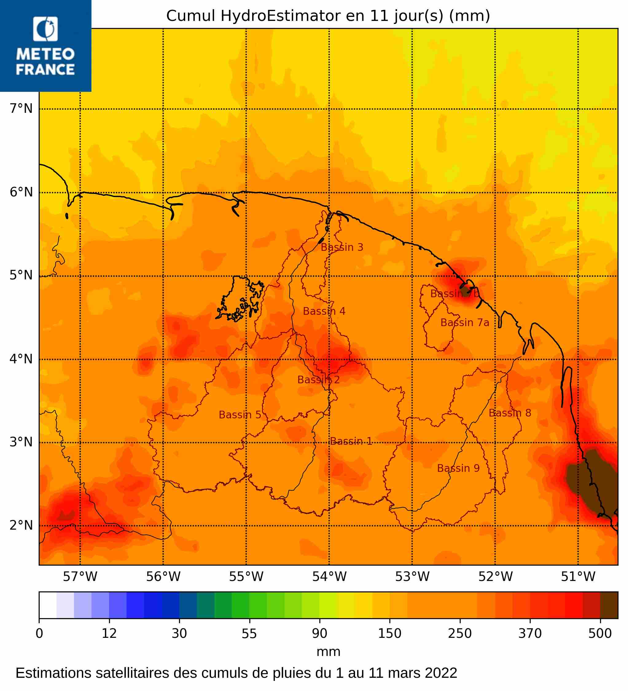 Estimations satellitaires de cumuls de pluies  du 1 au 11 mars