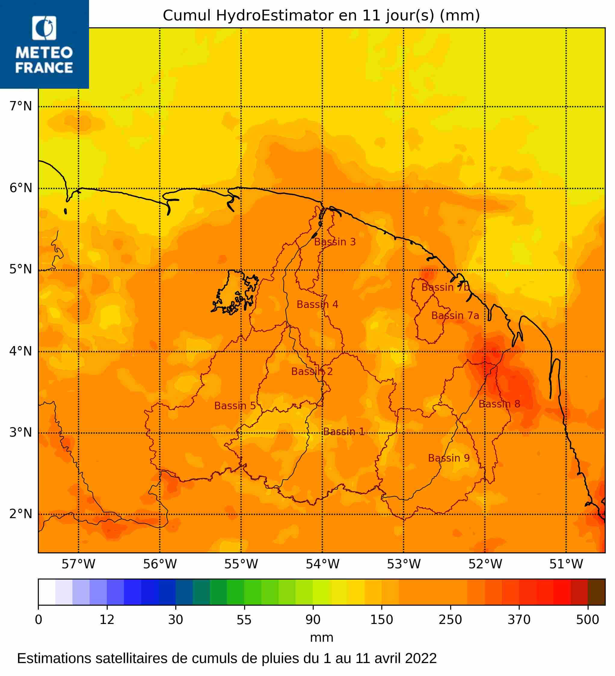 Estmations satellitaires de cumuls de pluies pour la période du 1 au 11 avril 2022