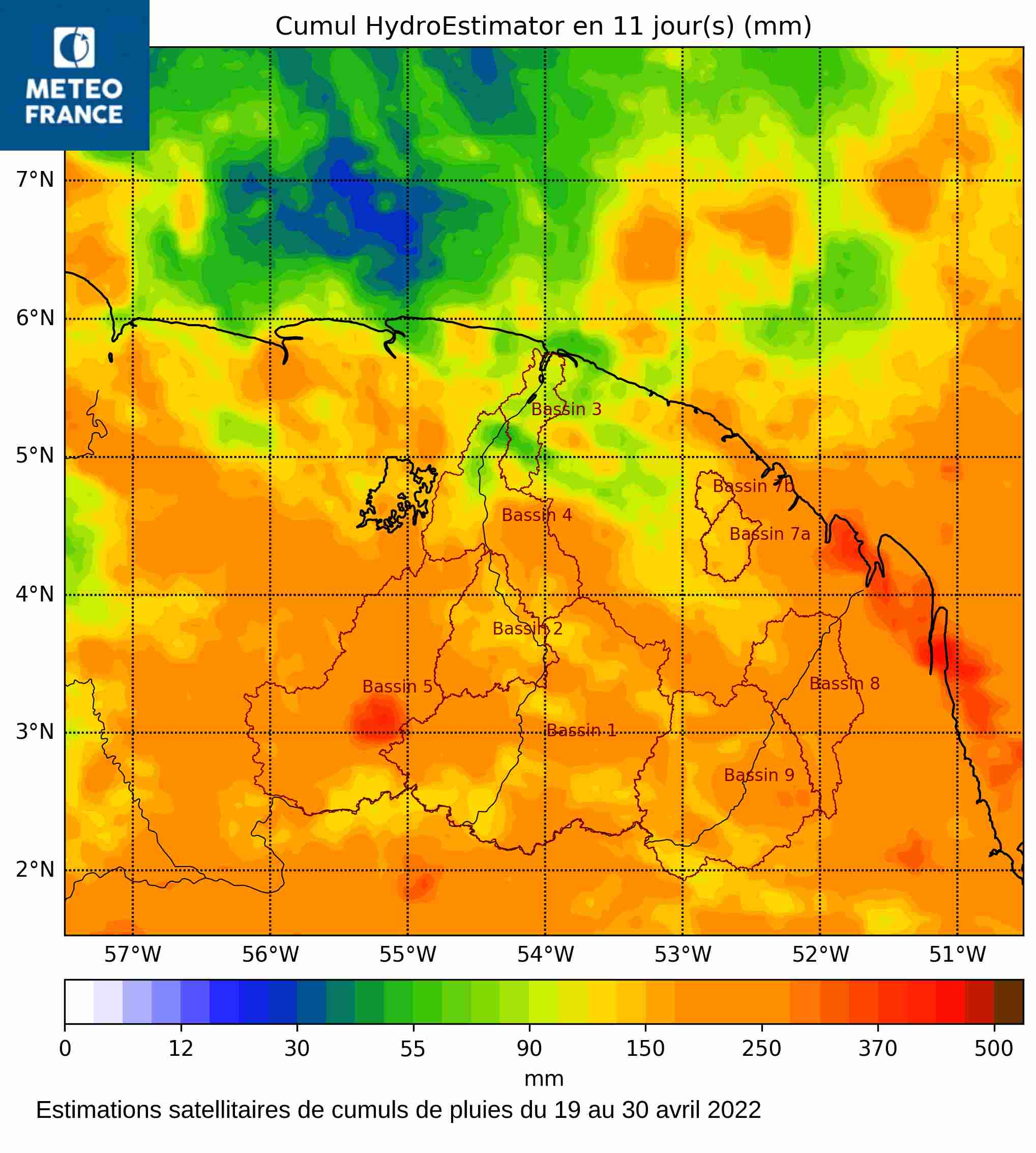 Estimations satellitaires de cumuls de pluies du 19 au 30 avril 2022