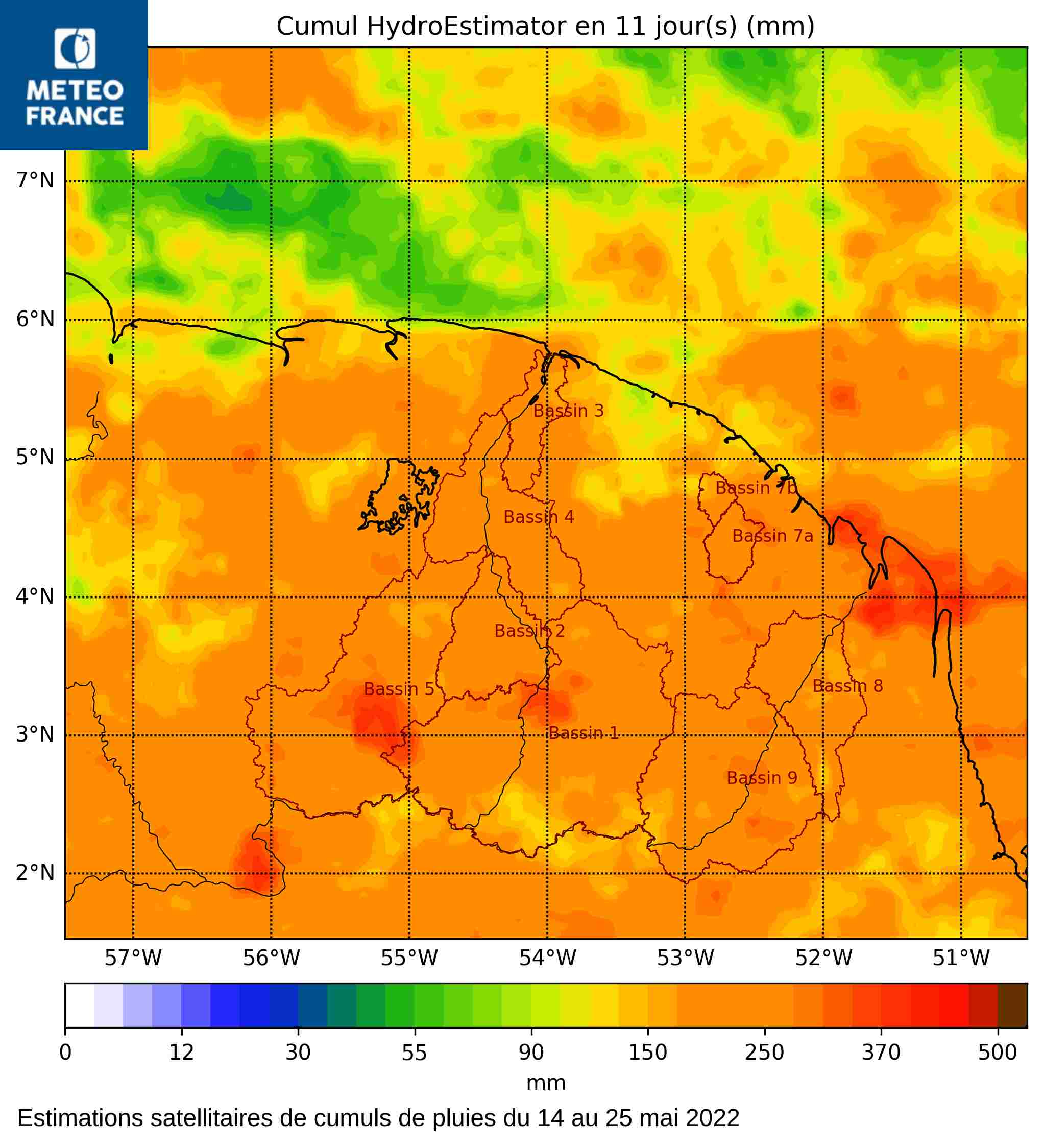 Estimations satellitaires de dumuls de pluies du 14 au 25 mai 2022