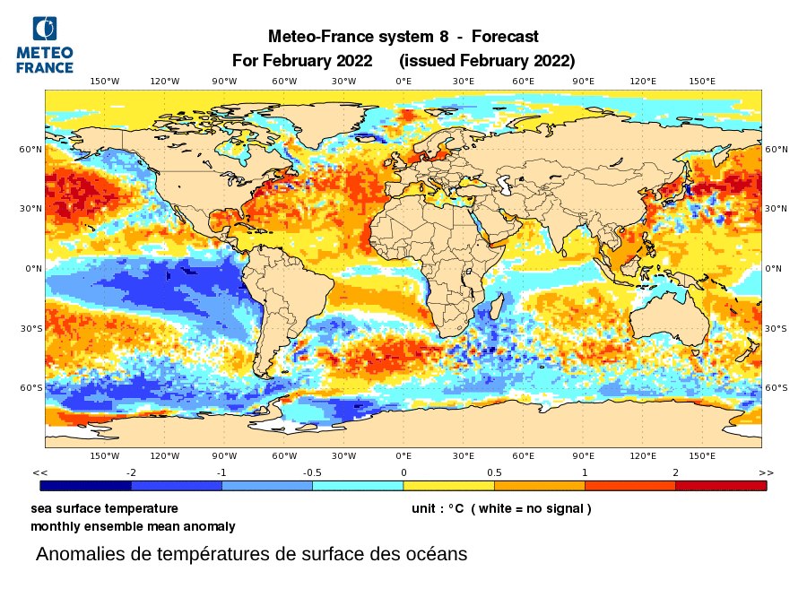 Anomalies de températures de surface des océans en  février 2022: le phénomène la Niña est  à  son apogée