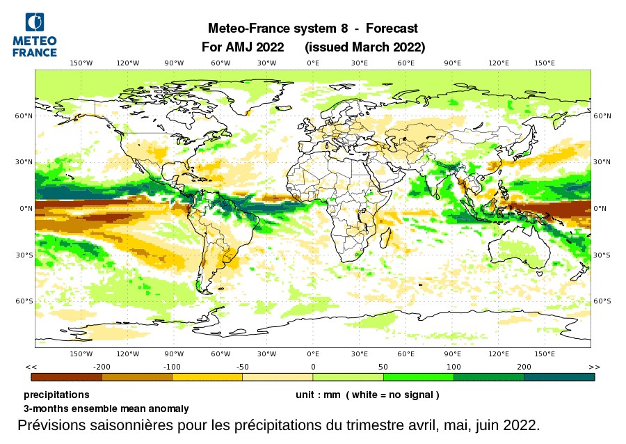 Anomalies de précipitations pour le trimestre avril, mai , juin 2022