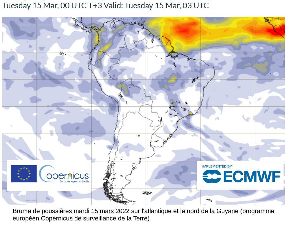 Brume de poussières le  15 mars 2022( programme européen Copernicus de surveillance de la Terre)
