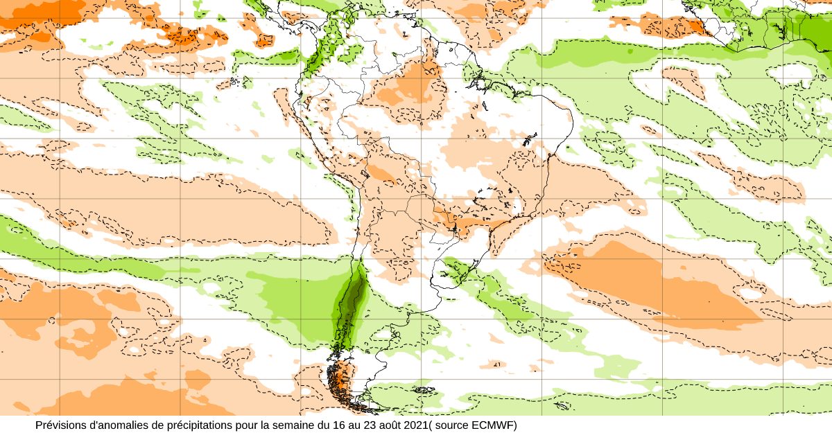 Prévisions d'anomalies de précipitation pour la semaine du 16  au 23 août 2021( source ECMWF)
