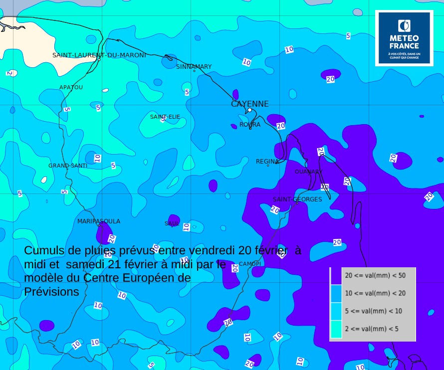Cumuls de pluies sur 24 heures prévus de vendredi 20 à samedi 21 février à midi.