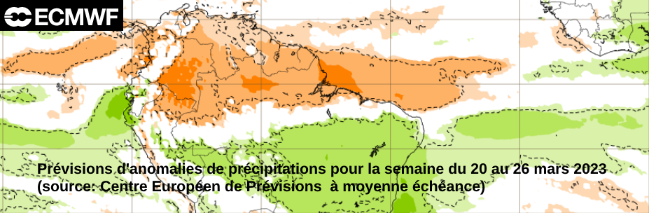 Prévisions d' anomalies de précipitations pour la semaine du lundi 20 au  dimanche 26 mars 2023