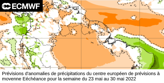 Prévisions d'anomalies de précipitations pour la semaine du 23 au 30 mai