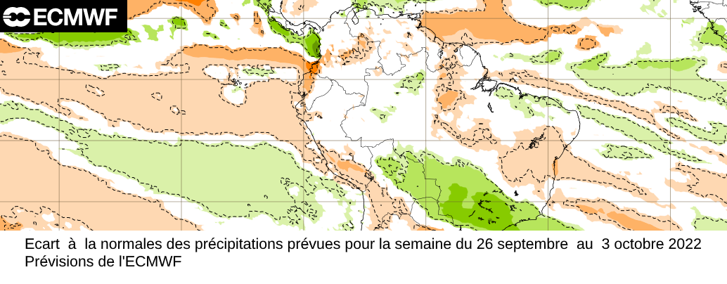 ​Prévisions d'écart à la normale des précipitations prévues pour la semaine du 26 septembre au 3 octobre 2022 ​
