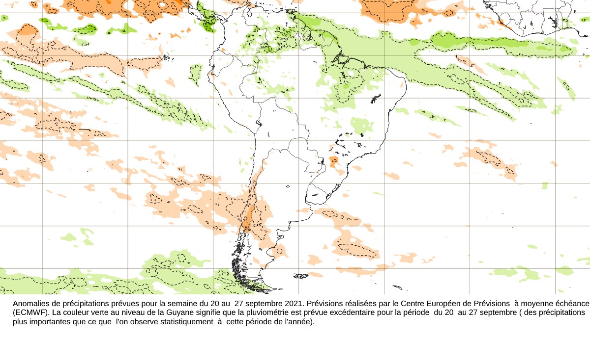 Prévisions d'anomalies de précipitations pour la semaine du 20 au 27 septembre , prévisions issues de l'ECMWF.