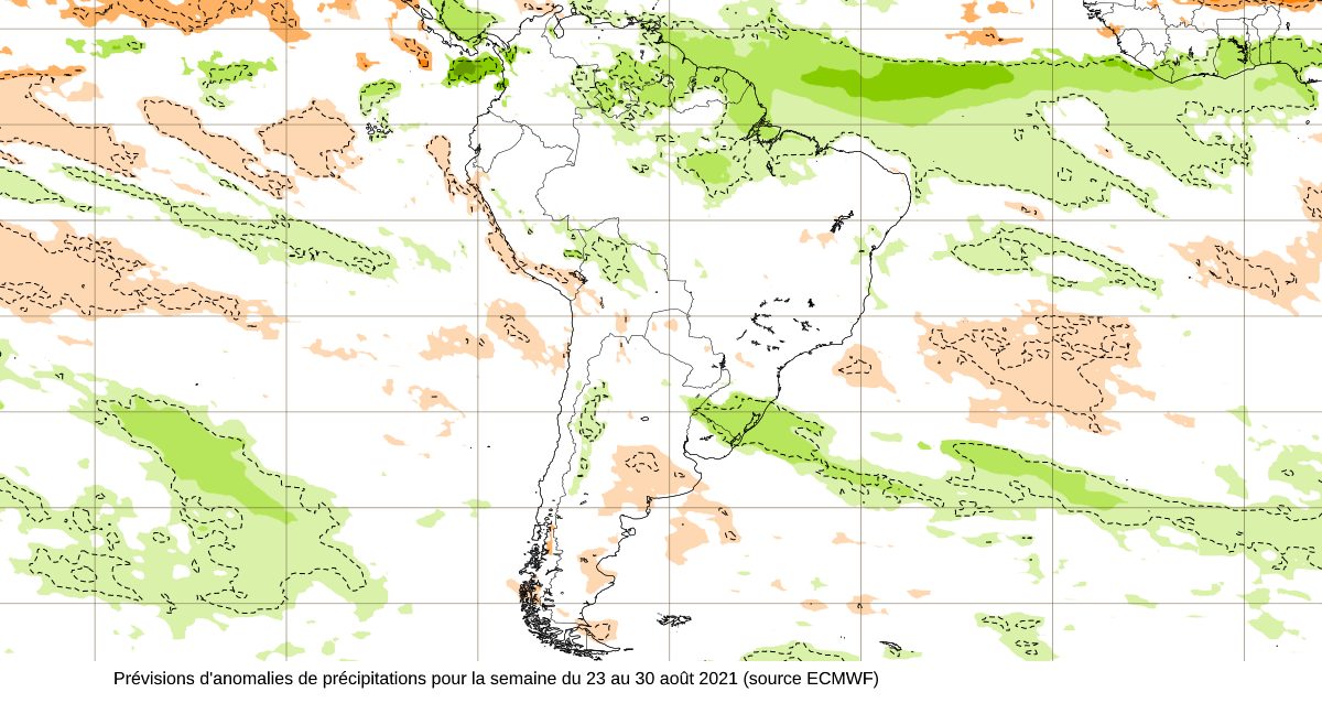 Prévisions d'anomalies de précipitation pour la semaine du  23 août au 30 août 2021( source ECMWF)