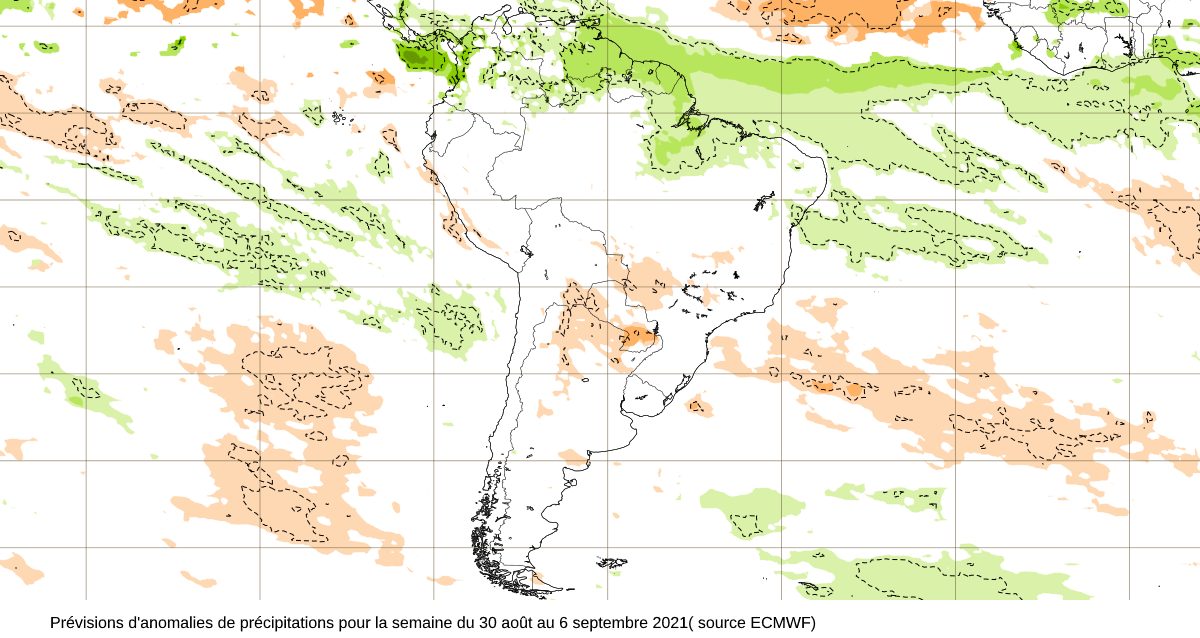 Prévisions d'anomalies de précipitation pour la semaine du 30 août au 6 septembre 2021( source ECMWF)