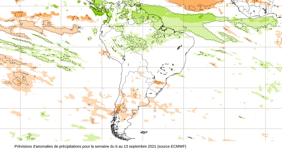 Prévisions d'anomalies de précipitation pour la semaine du 6 au 13 septembre 2021( source ECMWF)