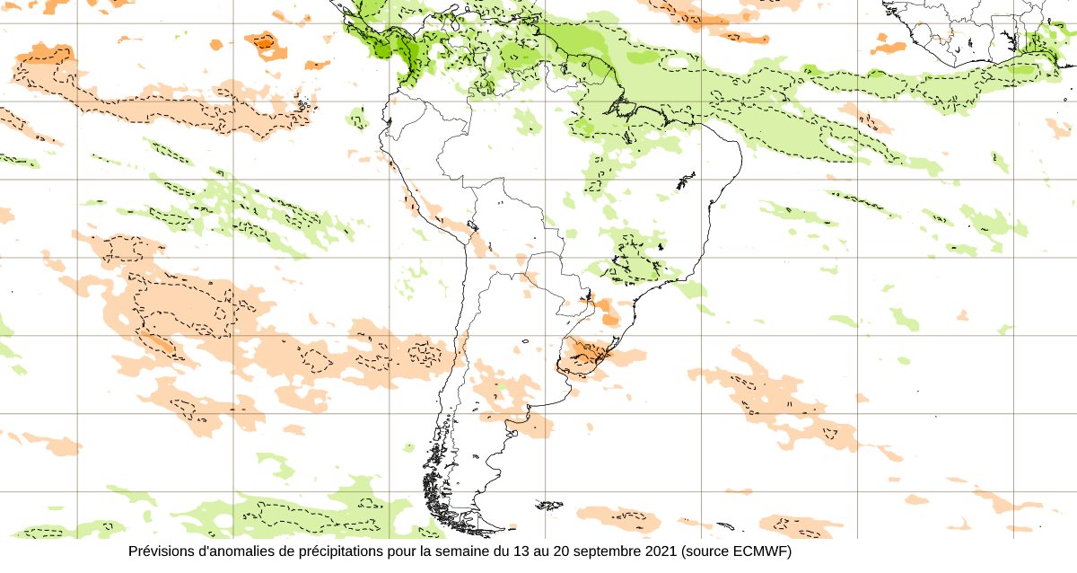 Prévisions d'anomalies de précipitation pour la semaine du 13au 20 septembre 2021( source ECMWF)