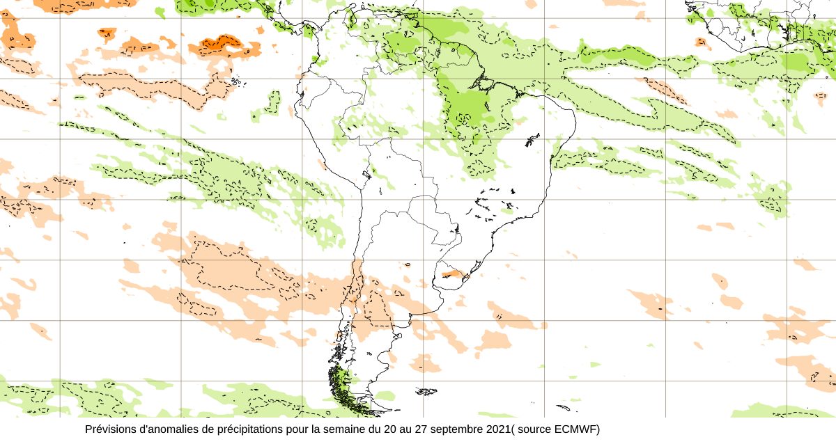Prévisions d'anomalies de précipitation pour la semaine du 20 au 27 septembre 2021( source ECMWF)