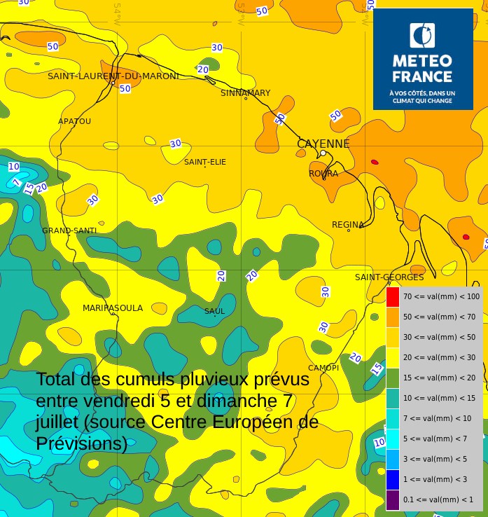 Total des cumuls pluvieux prévus de vendredi 5 à dimanche 7 juillet ( source Centre Européen de Prévisions)