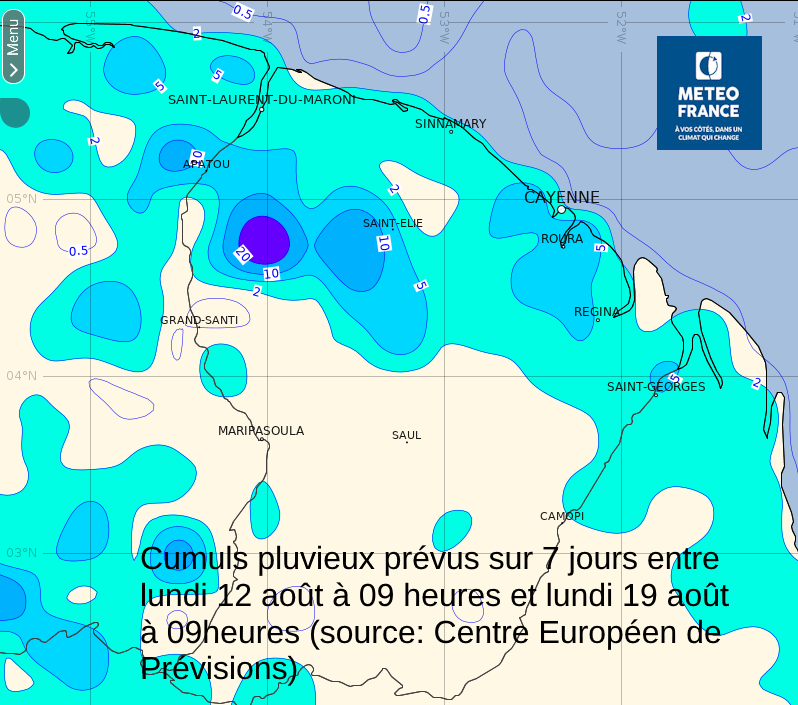 Total des cumuls pluvieux prévus sur  7 jours entre  le 12 et le 19 août par le modèle du centre Européen de prévisions