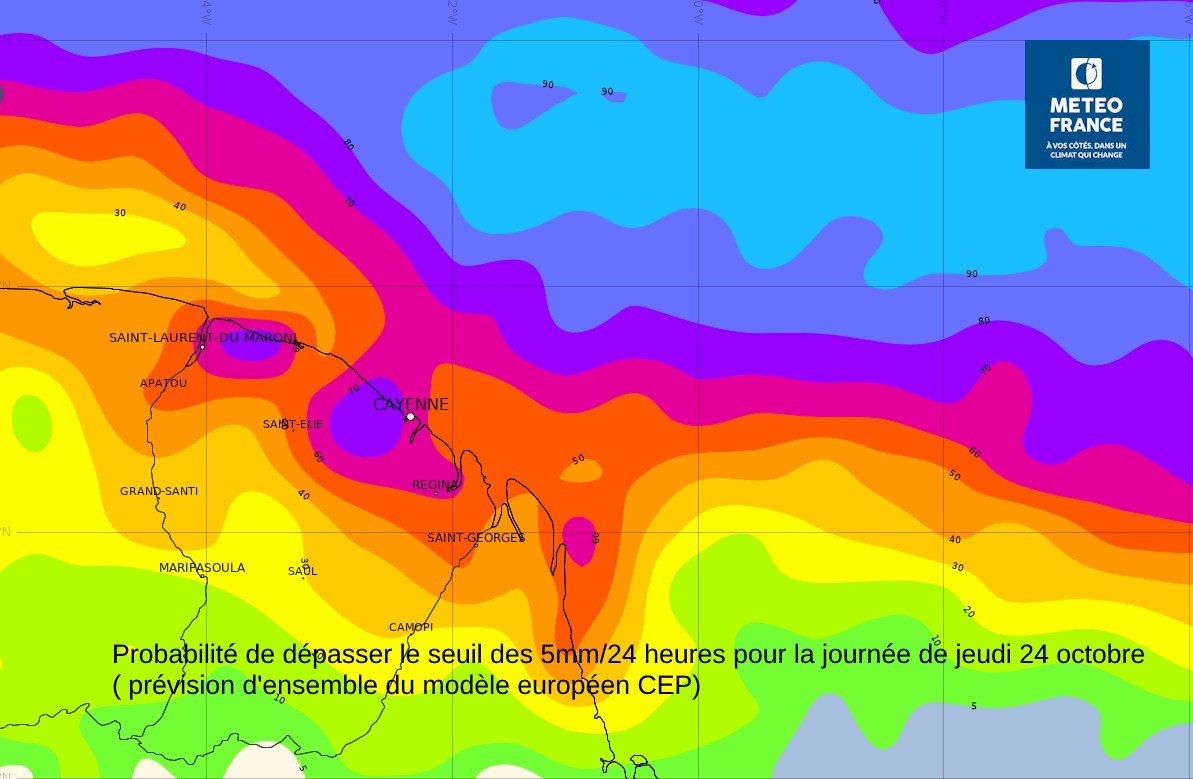 Probabilité de dépassser le seuil des 5mm en  24 heures jeudi 24 octobre (prévisions d'ensemble du Centre Européen de Prévisions)