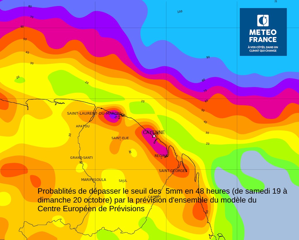 Probabilités de dépasser le seuil des  5mm en 48 heures (de samedi 19 à dimanche 20 octobre) par les modèles du Centre Européen de Prévisions