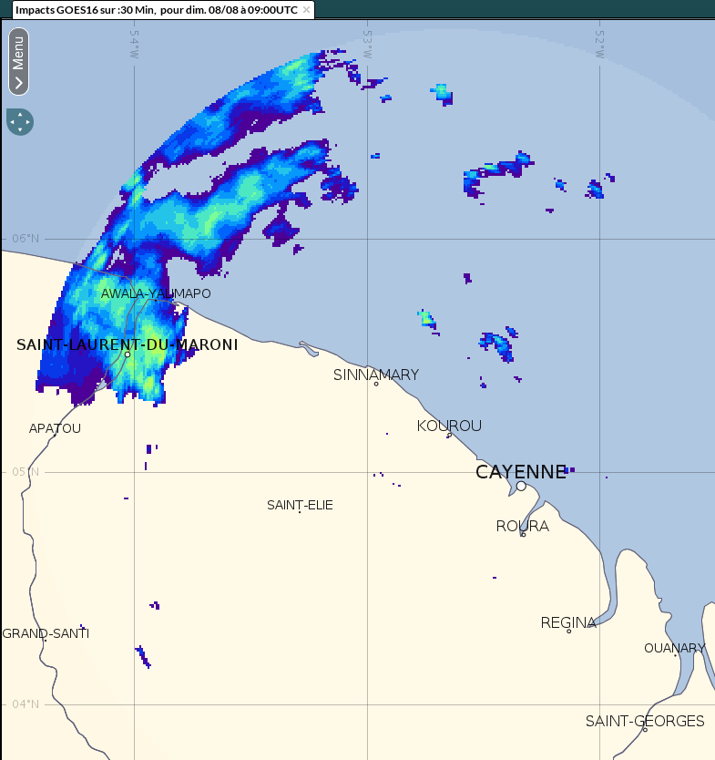 Image radar montrant les forts cumuls de pluies de dimanche matin sur l'ouest Guyanais