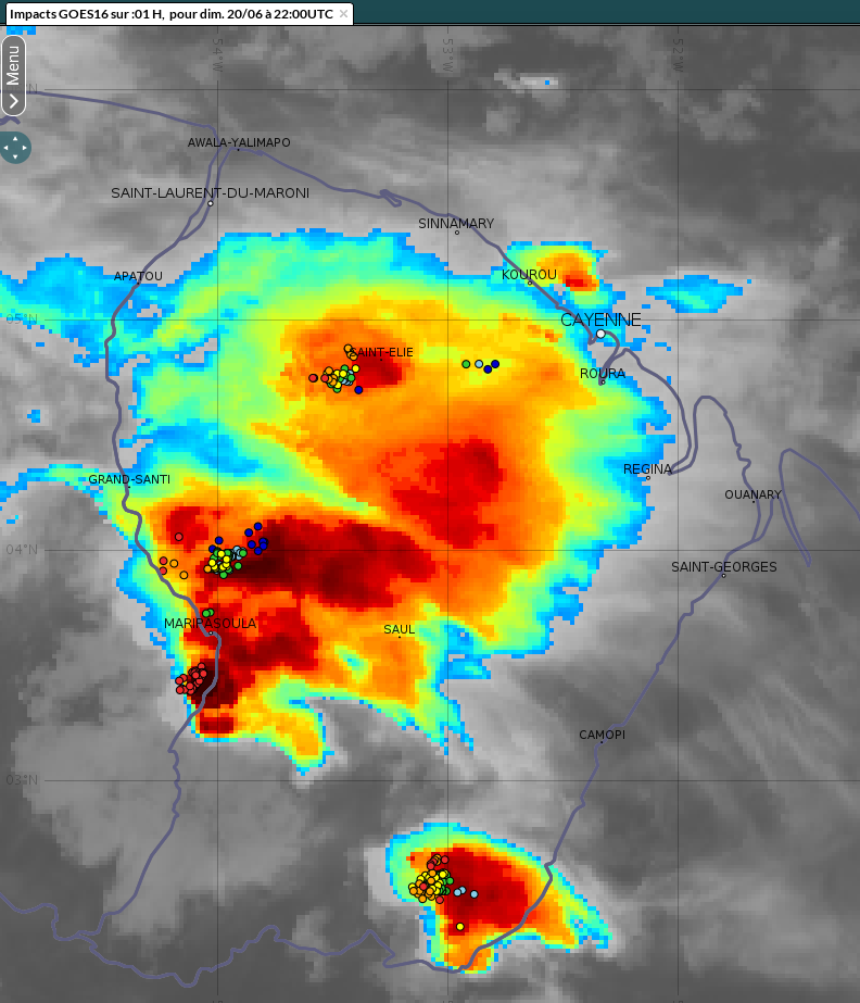Image satellitaire dans le canal infrarouge montrant les développements orageux sur la Guyane continentale le  dimanche 21 juin en fin de journée