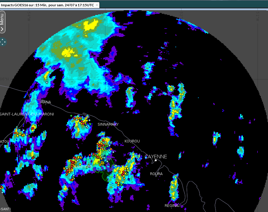 Image radar montrant les fortes averses associées aux orages