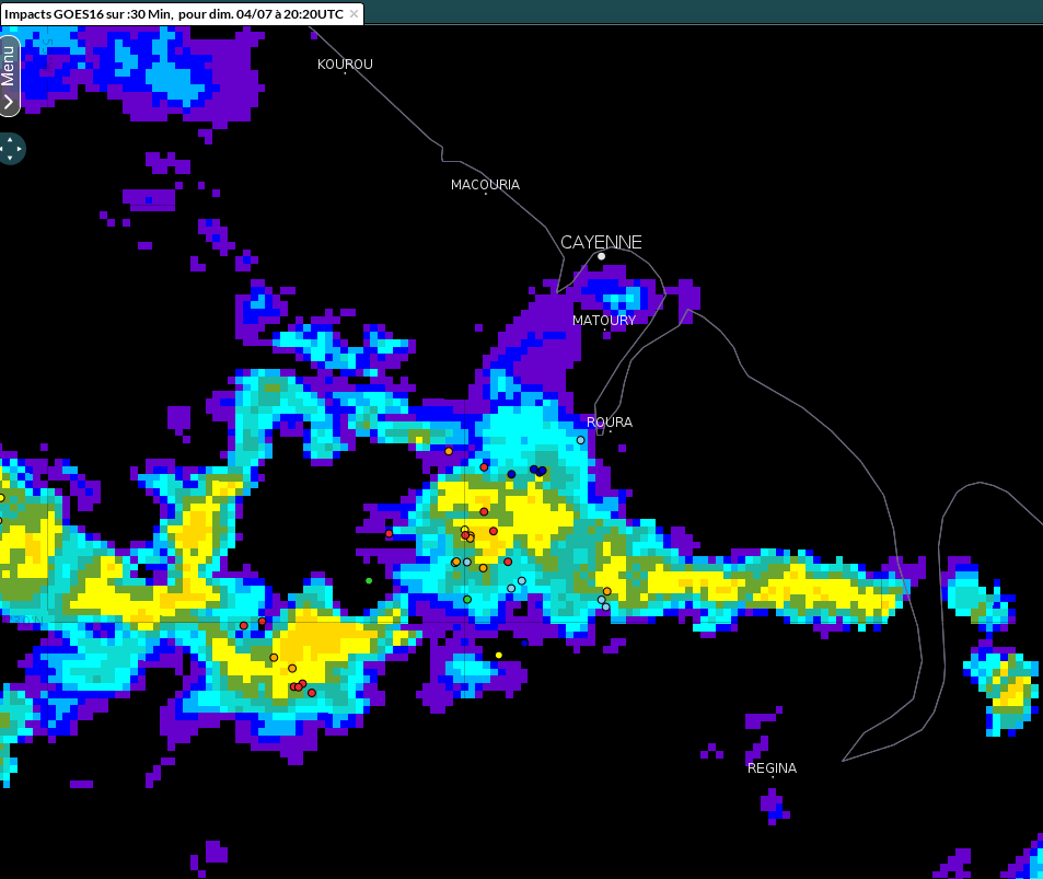 Image radar de dimanche 4 juillet  2021 à 17h20 montrant les forts cumuls de pluies entre le sud de Roura et Cacao.