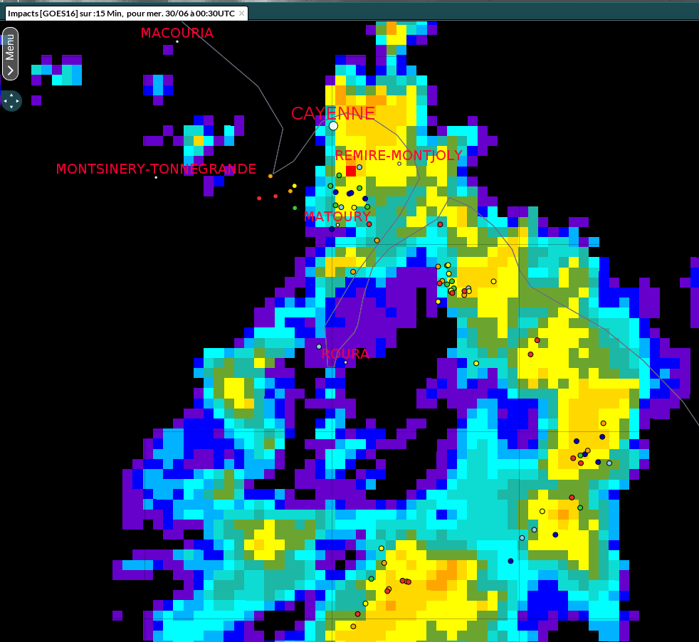 Image radar montrant les cumuls de pluies et l'activité orageuse à 21h30 mardi soir.