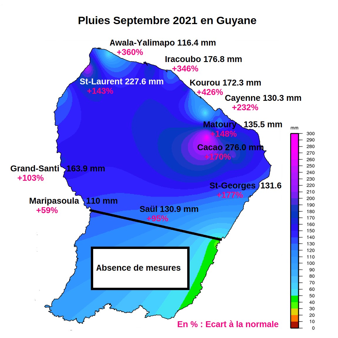 Carte de la pluviométrie de la Guyane en septembre 2021 avec les excédents par rapport  à  la normale